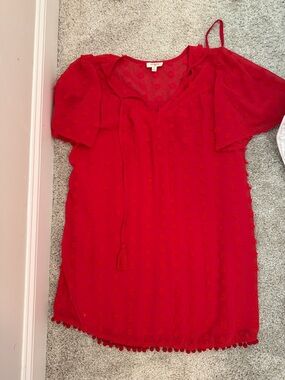 Red Swiss Dot Tassel Tie V-Neck Dress - Women Tops